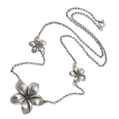 Sterling silver station necklace, 'Ancient Jepun' - Hand Made Sterling Silver Flower Station Necklace