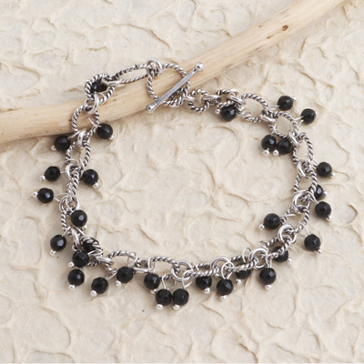 Onyx beaded bracelet, 'Cloudburst in Black' - Hand Crafted Onyx and Sterling Silver Beaded Bracelet