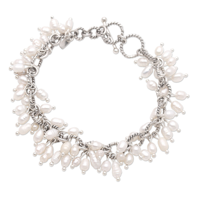 Cultured freshwater pearl beaded bracelet, 'Cloudburst in White' - Hand Crafted Cultured Freshwater Pearl Beaded Bracelet
