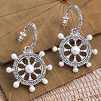 Cultured pearl dangle earrings, 'Nautical Pearls' - Sterling Silver Nautical Wheel Dangle Earrings