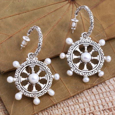 Cultured pearl dangle earrings, 'Nautical Pearls' - Sterling Silver Nautical Wheel Dangle Earrings