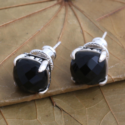 Onyx stud earrings, 'Dressed for Dinner in Black' - Checkerboard Faceted Black Onyx Stud Earrings