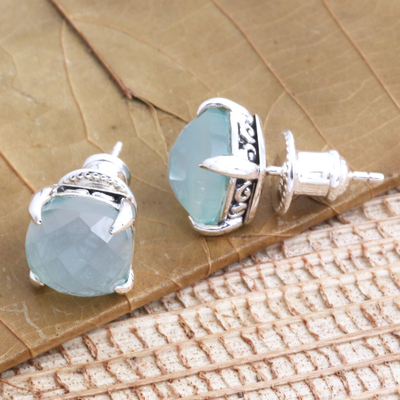 Chalcedony stud earrings, 'Dressed for Dinner in Aqua' - Checkerboard Faceted Chalcedony Stud Earrings
