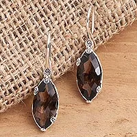 Smoky quartz drop earrings, Nepenthes in Brown