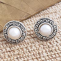 Cultured pearl button earrings, 'Sacred Halo'