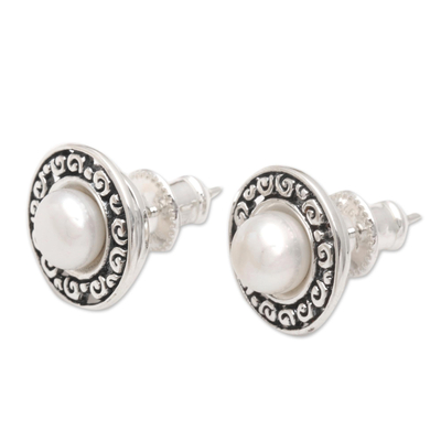 Cultured pearl button earrings, 'Sacred Halo' - Cultured Freshwater Pearl Sterling Silver Button Earrings