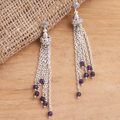 Amethyst bead waterfall earrings, 'Raining Violets' - Balinese Sterling Silver Waterfall Earrings with Amethysts