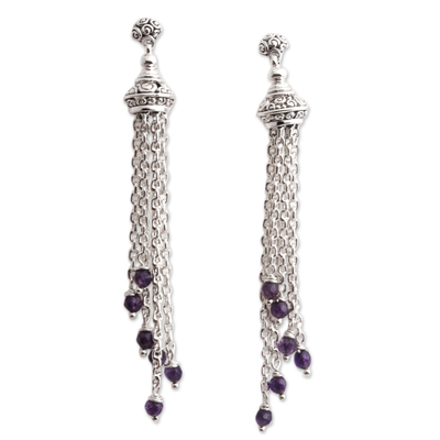 Amethyst bead waterfall earrings, 'Raining Violets' - Balinese Sterling Silver Waterfall Earrings with Amethysts