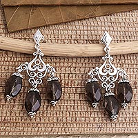 Smoky quartz chandelier earrings, 'Dinner Party' - Sterling Silver Chandelier Dangle Earrings with Smoky Quartz