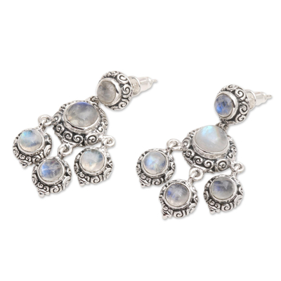 Rainbow moonstone chandelier earrings, 'Raindrop Chandelier' - Rainbow Moonstone Cabochon Chandelier Earrings