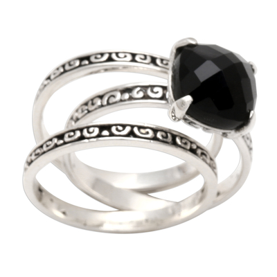 Onyx cocktail ring, 'Buddha's Curls in Black' - Checkerboard Faceted Onyx Sterling Silver Cocktail Ring