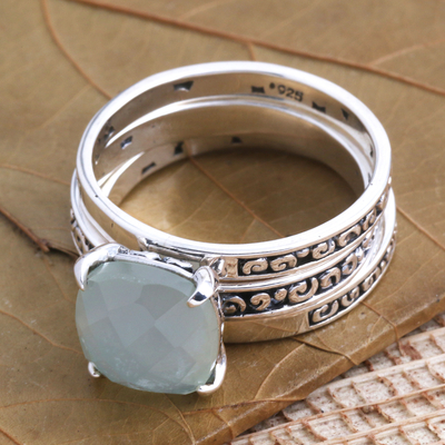 Chalcedony cocktail ring, 'Buddha's Curls in Aqua' - Checkerboard Facet Chalcedony Sterling Silver Cocktail Ring