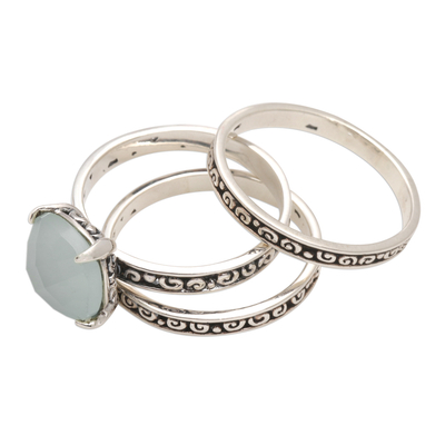 Chalcedony cocktail ring, 'Buddha's Curls in Aqua' - Checkerboard Facet Chalcedony Sterling Silver Cocktail Ring