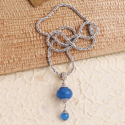 Chalcedony pendant necklace, 'Merajan in Blue' - Faceted Chalcedony Bead Sterling Silver Pendant Necklace