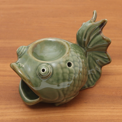 Ceramic oil warmer, 'Wide-Eyed Koi' - Green Ceramic Koi Fish Oil Warmer
