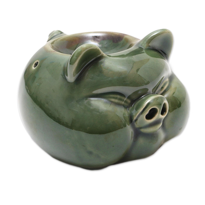 Ceramic oil warmer, 'Chubby Piglet' - Hand Crafted Green Ceramic Pig Oil Warmer