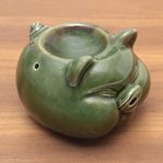 Ceramic oil warmer, 'Chubby Piglet' - Hand Crafted Green Ceramic Pig Oil Warmer