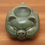 Ceramic oil warmer, 'Chubby Piglet' - Hand Crafted Green Ceramic Pig Oil Warmer