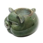 Ceramic oil warmer, 'Chubby Piglet' - Hand Crafted Green Ceramic Pig Oil Warmer