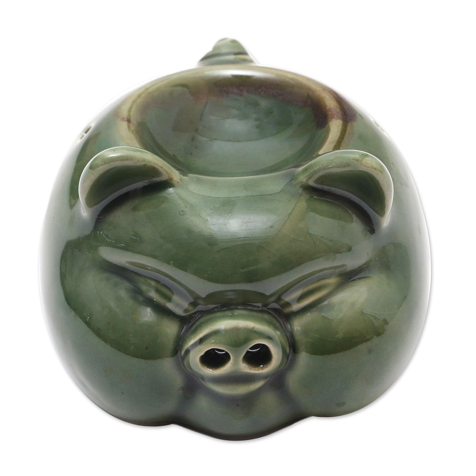 Hand Crafted Green Ceramic Pig Oil Warmer Chubby Piglet NOVICA