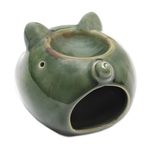Ceramic oil warmer, 'Chubby Piglet' - Hand Crafted Green Ceramic Pig Oil Warmer
