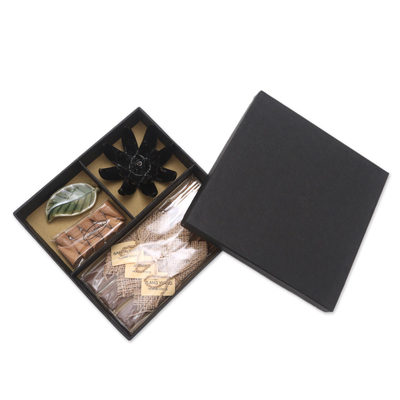 Aromatherapy gift set, 'Blooming Lotus in Black' - Boxed Aromatherapy Incense and Holder Set
