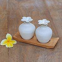Ceramic and teak wood bathroom set, 'Blooming Frangipani' - Hand Made Ceramic and Teak Wood Bathroom Set