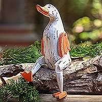 Wood statuette, 'Sitting Duck' - Hand Painted Wood Duck Statuette