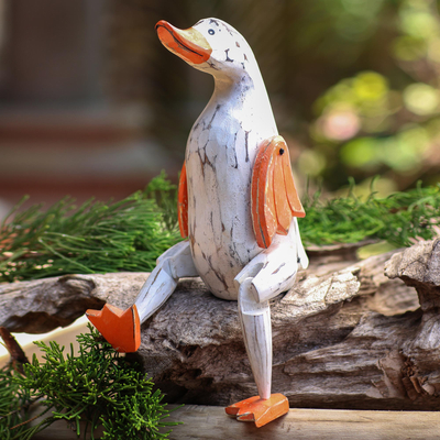 Wood statuette, 'Sitting Duck' - Hand Painted Wood Duck Statuette