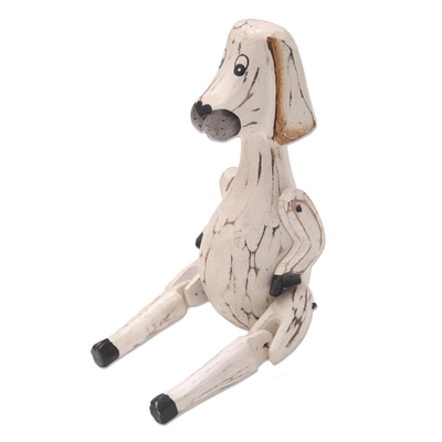 Escultura de madera, 'Perro sentado' - Escultura de perro de madera articulada tallada a mano