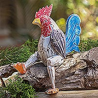Wood statuette, 'Sitting Rooster' - Hand Carved Albesia Wood Rooster Statuette