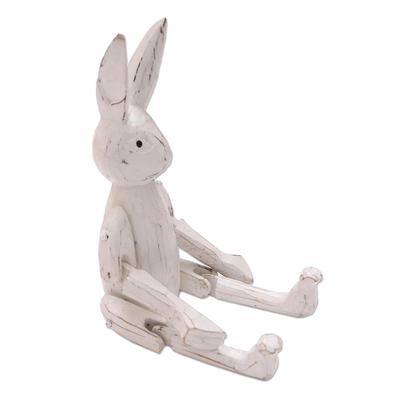 Wood sculpture, 'Sitting Bunny' - Hand Carved Albesia Wood Bunny Sculpture