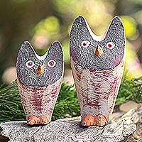 Wood statuettes, 'Flocking Together in Grey' (pair) - Pair of Albesia Wood Bird Statuettes