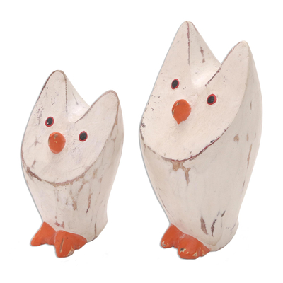 Wood statuettes, 'Flocking Together in White' (pair) - Pair of Albesia Wood Bird Statuettes