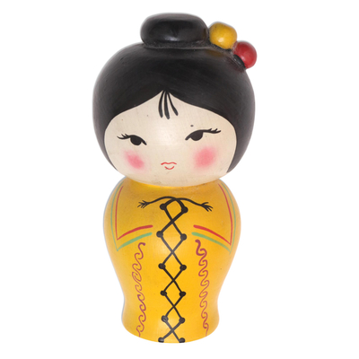 Wood statuette, 'Shy Lady in Yellow' - Small Albesia Wood Statuette in Yellow