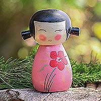 Wood statuette, 'Shy Lady in Pink' - Small Albesia Wood Statuette in Pink