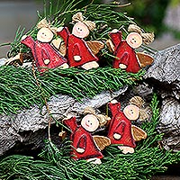 Wooden Angel Ornaments with Natural Fiber Hair (Set of 5),'Little Angels'