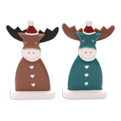 Wood holiday decor accents, 'Smiling Reindeer' (pair) - Hand Painted Holiday Reindeer Statuettes (Pair)