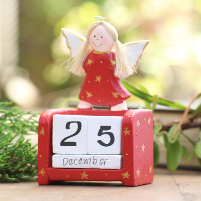 Wood perpetual calendar, 'Angel Time in Red' - Angel Motif Wood Perpetual Calendar