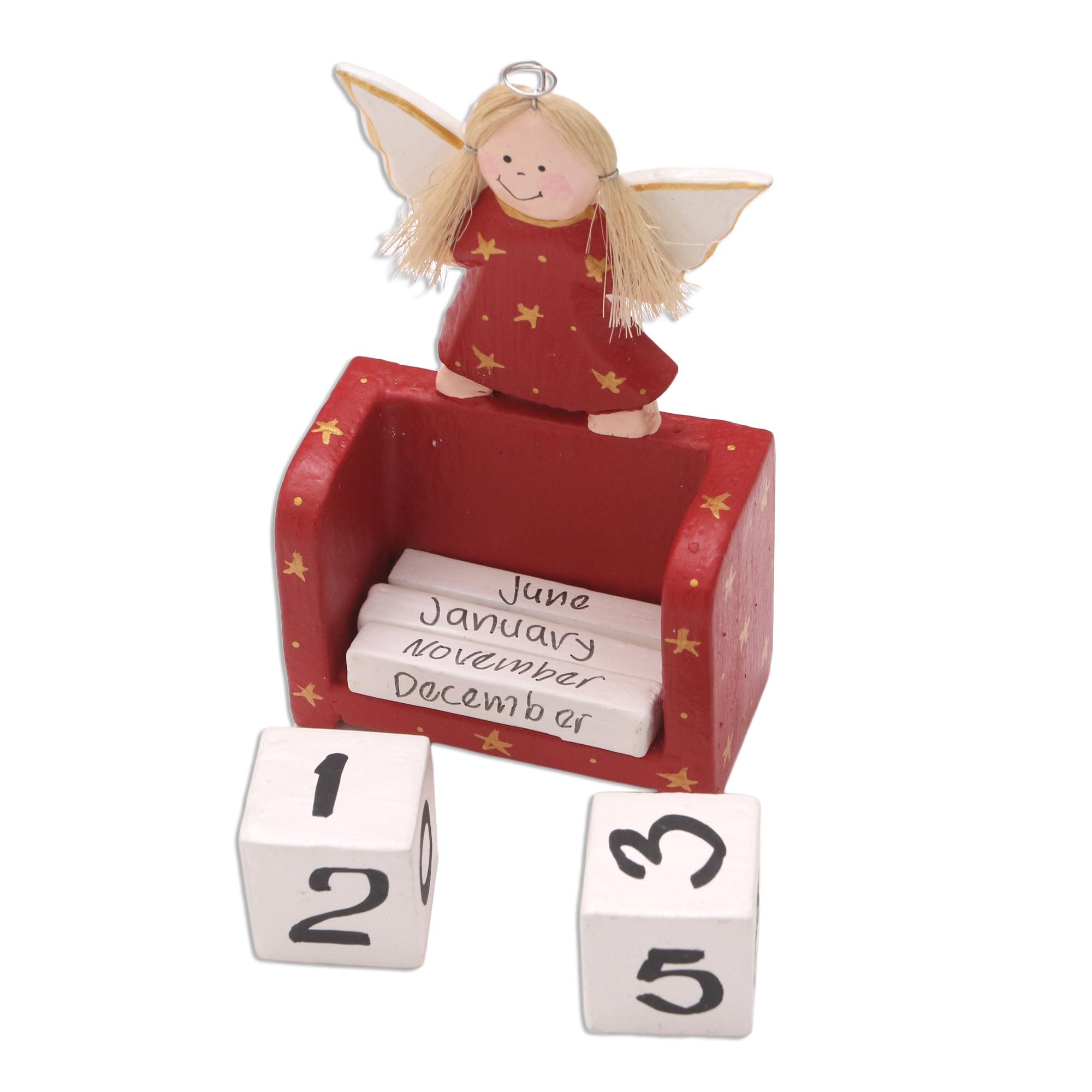 UNICEF Market | Angel Motif Wood Perpetual Calendar - Angel Time in Red