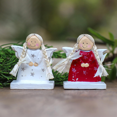 Decoración navideña de madera, (par) - Decoración Ángel de Madera Tallada y Pintada a Mano (Pareja)
