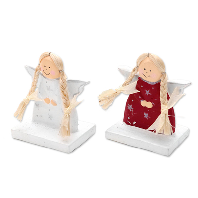 Wood holiday decor, 'Cute Angels' (pair) - Hand Carved and Painted Wood Angel Decor (Pair)