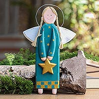 Wood ornament, 'Folk Art Angel in Green' - Green and Gold Wooden Angel Ornament