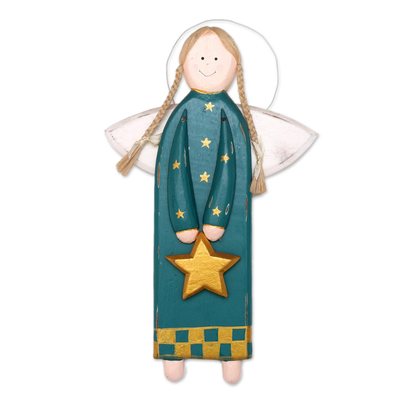 Wood ornament, 'Folk Art Angel in Green' - Green and Gold Wooden Angel Ornament