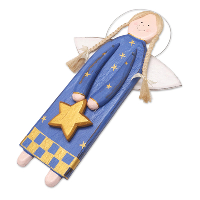Wood ornament, 'Folk Art Angel in Blue' - Handmade Wood Angel Ornament in Blue and Gold