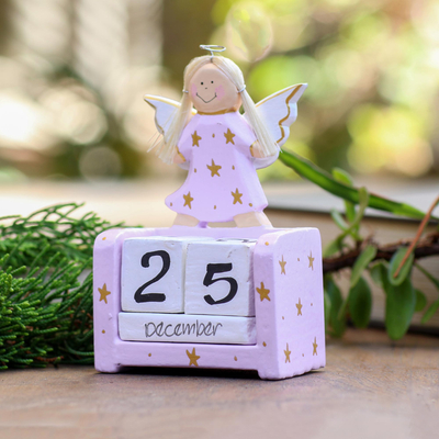 Wood perpetual calendar, 'Angel Time in Lilac' - Lilac Angel Themed Perpetual Calendar