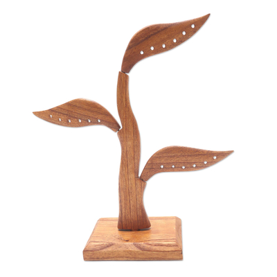 Wood jewelry holder, 'Daun Salam in Brown' (10 inch) - Jempinis Wood Leaf-Themed Jewelry Holder from Bali (10 Inch)