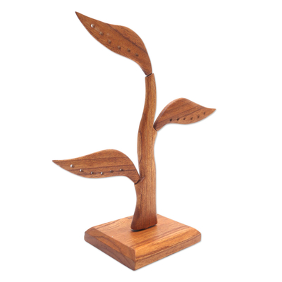 Wood Jewellery holder, 'Daun Salam in Brown' (10 inch) - Jempinis Wood Leaf-Themed Jewellery Holder from Bali (10 Inch)