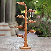 Wood jewelry holder, 'Daun Salam in Brown' (21 inch) - Handmade Jempinis Wood Leaf-Themed Jewelry Holder (21 Inch)