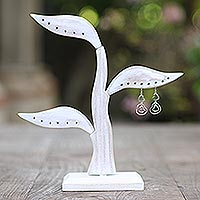 Wood Jewellery holder, 'Daun Salam in White' (10 inch) - White Jempinis Wood Leaf-Themed Jewellery Holder (10 Inch)